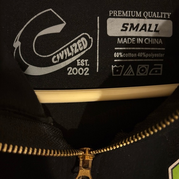 Civilized Graphic Black Zip Up Hoodie Patches & Decals Gold Zipper Sweatshirt - Picture 6 of 9
